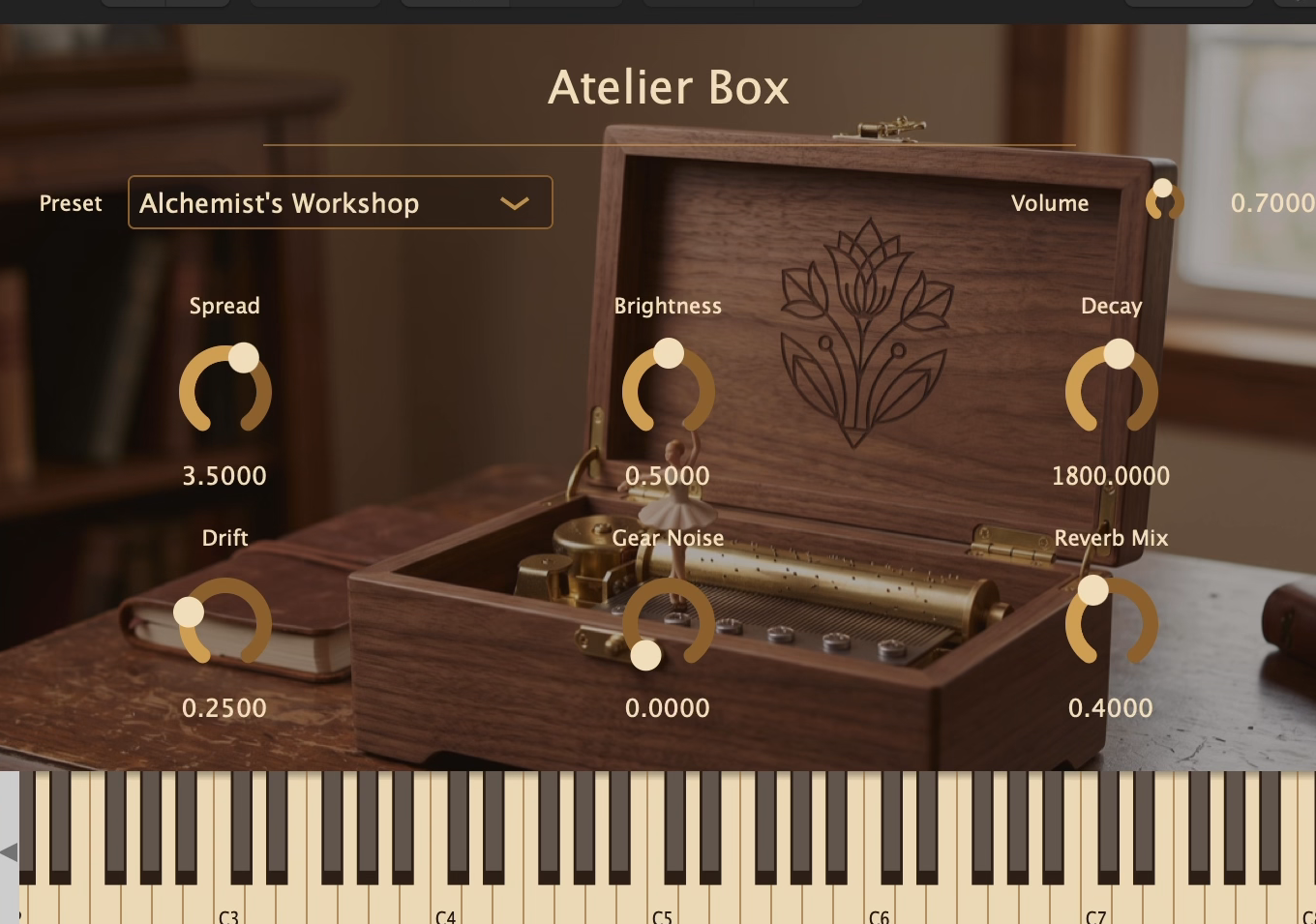 Atelier Box interface — a walnut music box with knobs above an 88-key keyboard.